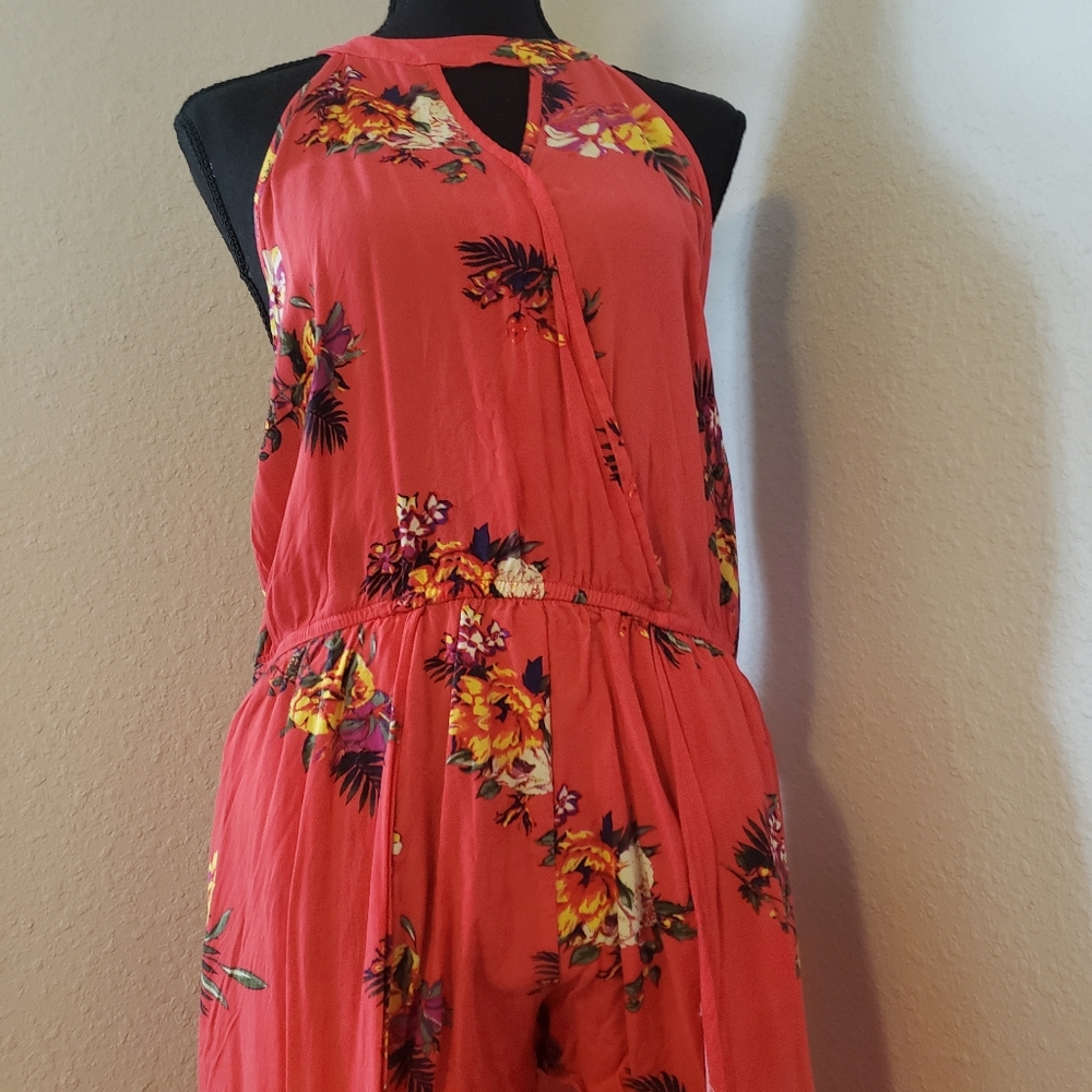Tropical Peach Floral Romper with overlay - Picture 5 of 14